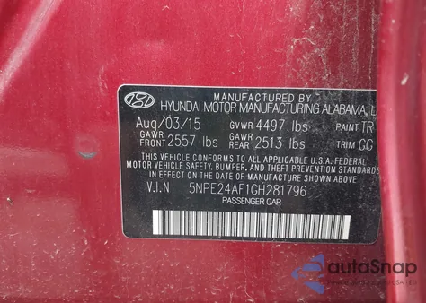 2016 Hyundai Sonata Se из США, поврежденный, VIN 5NPE24AF1GH281796